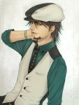  bad_id brown_eyes brown_hair cabbie_hat facial_hair glowing hand_on_face hand_on_own_face hat kaburagi_t_kotetsu male mzk@musounau necktie short_hair solo stubble tiger_&amp;_bunny vest 