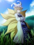  animal_ears blonde_hair blush cloud fox_tail grass hands_in_sleeves hat highres looking_at_viewer multiple_tails nature s-syogo short_hair sky smile solo tail touhou yakumo_ran yellow_eyes 