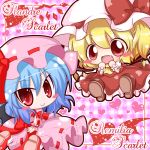  &gt;:) :d ascot background bat_wings blonde_hair blue_hair blush blush_stickers bow character_name chibi dress fang flandre_scarlet hat heart multiple_girls open_mouth plaid plaid_background red_eyes remilia_scarlet ritateo short_hair siblings side_ponytail sisters smile text touhou wings 