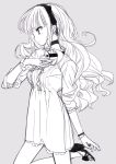  bracelet dress fashion hair_ornament hairband hand_on_own_chest high_heels jewelry long_hair monochrome original profile shoes simple_background sketch standing_on_one_leg tsukigami_runa wavy_hair 