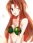  ;o adapted_costume bangs bare_shoulders bikini bikini_top blue_eyes bow braid breasts brown_hair bust hong_meiling long_hair looking_at_viewer lowres open_mouth parted_bangs simple_background solo star strapless swimsuit tori_no_karaage touhou twin_braids underboob wink 