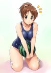  brown_eyes brown_hair collarbone food footwear fruit hirasawa_ui holding holding_fruit k-on! kneeling ponytail school_swimsuit shinozuka_jouji short_hair smile socks solo sweat swimsuit watermelon white_legwear 