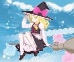  1girl bad_id bad_pixiv_id bamboo_broom blonde_hair bloomers broom broom_riding doily flower frills hat highres kirisame_marisa ofuton_zeb rose sidesaddle sitting sky socks solo star touhou white_legwear witch witch_hat yellow_eyes 