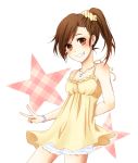  bare_shoulders brown_eyes brown_hair dress earrings futami_mami idolmaster idolmaster_2 jewelry necklace ritsuka_(spsc) side_ponytail smile solo v 