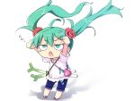  \o/ ahoge anger_vein aqua_eyes aqua_hair arms_up byo_(kuro_usagi) chibi floating_hair flower hair_flower hair_ornament hairclip hatsune_miku long_hair open_mouth outstretched_arms simple_background solo spring_onion twintails very_long_hair vocaloid 
