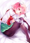  bandage bandages bed_sheet brown_legwear bun_cover chinese_clothes double_bun fetal_position greave_(artist) ibara_kasen ibaraki_kasen lying on_side panties panties_under_pantyhose pantyhose pink_eyes pink_hair short_hair skirt smile solo touhou underwear 