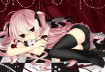  checkered checkered_floor doll doll_hug hair_ribbon kabu_(nico_nico) long_hair on_side original pearl_necklace pink_hair red_eyes ribbon short_twintails shorts solo stuffed_animal stuffed_toy thigh-highs thighhighs twintails 