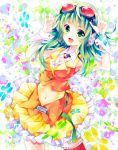  \m/ adjusting_goggles goggles goggles_on_head green_eyes green_hair gumi headphones open_mouth runako skirt smile solo vocaloid 