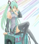  boots detached_sleeves green_eyes green_hair hand_on_headphones hatsune_miku headphones headset long_hair marshmallow_(victima013) necktie sitting skirt solo speaker thigh-highs thigh_boots thighhighs twintails very_long_hair vocaloid 