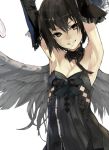  arms_up bare_shoulders black_dress black_hair bow brown_eyes choker detached_sleeves dress feathers grin leather nil original redjuice short_hair smile wings zipper 