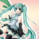  checkered_background detached_sleeves erect_nipples green_eyes green_hair hatsune_miku headset long_hair mizukoshi_mayu necktie open_mouth panties skirt spring_onion striped striped_panties thigh-highs thighhighs twintails underwear very_long_hair vocaloid 