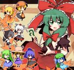  ^_^ aki_minoriko aki_shizuha animal_ears backpack bag black_hair blonde_hair blue_hair blush closed_eyes detached_sleeves dress everyone eyes_closed food frog front_ponytail fruit geta grapes green_eyes green_hair hair_bobbles hair_ornament hair_ribbon hair_tubes hat inubashiri_momiji kagiyama_hina kawashiro_nitori kochiya_sanae leaf leaf_on_head long_hair moriya_suwako mountain_of_faith multiple_girls nosada open_mouth randoseru red_eyes ribbon shameimaru_aya silver_hair smile tengu-geta tokin_hat touhou twintails wings wink yasaka_kanako yellow_eyes 