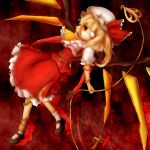  amanojaku ascot bad_id blonde_hair blood blood_on_face chain chains eyepatch flandre_scarlet hat highres laevatein red_eyes shirt side_ponytail skirt skirt_set solo the_embodiment_of_scarlet_devil tiles touhou wings 