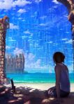  arm_support beach boat bridge brown_hair building camisole chain chains city cloud dragonfly earrings error fantasy hair_up highres jewelry lantern megastructure ocean original pulley reigokoro reishin_(tenpurasoba) scenery short_hair shorts sitting sky solo star_(sky) water 