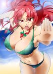  alternate_costume alternate_eye_color bikini bow braid breasts cleavage fangs hair_bow hong_meiling large_breasts lens_flare long_hair mattari_yufi mound_of_venus navel open_mouth red_eyes red_hair redhead solo strap_gap swimsuit thigh_gap thighs touhou twin_braids twin_raids underboob 