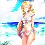  1girl bikini blonde_hair breasts cleavage cloud cute drill_hair frilled_bikini frills front-tie_top green_sky hair_ornament hobunsha innertube mahou_shoujo_madoka_magica navel ocean sexy shaft_(studio) solo standing swimsuit tomoe_mami twin_drills water white_bikini yellow_eyes 