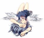  bare_legs barefoot blue_eyes blue_hair cirno dress_shirt hand_on_forehead hot ice lying melting on_back open_mouth shirt simple_background solo supertie sweat touhou upside-down wings 