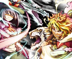  cloth dragon drama_layer fangs hat kage_houshi lightning nagae_iku polearm purple_eyes purple_hair scarf slit_pupils spear tiger toramaru_shou touhou violet_eyes weapon yellow_eyes 