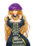  absurdres adapted_costume breasts brown_eyes brown_hair cleavage dress embellished_costume gradient_hair highres hijiri_byakuren jewelry large_breasts long_hair looking_at_viewer multicolored_hair necklace purple_hair simple_background smile solo touhou very_long_hair wakura_(gcdan) 