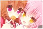  blush brown_hair cassini_m_bisuko cracker face fang mouth_hold multiple_girls open_mouth original pink_eyes pink_hair shia_(syroh) shia_flatpaddy smile syroh yellow_eyes 