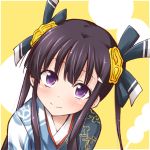  black_hair bow dango food hair_bow hair_ornament hairclip hino_hiroma japanese_clothes kou_hime long_hair oda_kou purple_eyes rance_(series) ribbon sengoku_rance shiny smile solo twintails wagashi 