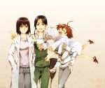  accelerator accelerator_family ahoge black_hair closed_eyes crutch eyes_closed hands_in_pockets hug jacket jersey last_order long_hair multiple_girls red_eyes scr.e shirt short_hair smile striped striped_shirt to_aru_majutsu_no_index track_suit v yomikawa_aiho yoshikawa_kikyo yoshikawa_kikyou 