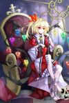  alternate_wings ankle_cuffs apple barefoot blonde_hair butterfly_wings chain chains chair chin_rest cross cuffs flandre_scarlet food fruit hair_ornament hand_on_own_face hand_to_face handcuffs heart highres mewkoala no_hat no_headwear red_eyes shackle sitting skull touhou wings 
