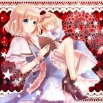  1girl 2girls alice_margatroid ankle_boots aqua_eyes argyle argyle_background blonde_hair bloomers blue_eyes book boots bow capelet chibi cross-laced_footwear doily dress hair_bow hairband high_heels lace-up_boots nunucco sash shanghai_doll shoes short_hair solo star touhou wrist_cuffs 