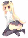  ass black_legwear blonde_hair blush boots fox_ears fox_tail hat kinoko kneeling long_hair looking_back original panties red_eyes simple_background skirt smile solo striped striped_panties tail thigh-highs thighhighs underwear 