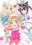  animal_ears bad_id black_hair blonde_hair blue_eyes brown_eyes brown_hair cat_ears cosplay gum_(vivid_garden) hat highres hirasawa_yui k-on! kotobuki_tsumugi long_hair magical_girl multiple_girls nakano_azusa robot short_hair stuffed_animal stuffed_toy teddy_bear ton-chan twintails v witch_hat 