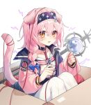  1girl animal_ears arknights black_hairband blue_bow bow box braid cardboard_box cat_ears cat_girl cat_tail floppy_ears goldenglow_(arknights) hair_bow hairband highres in_box in_container jacket light_blush lightning_bolt_print long_hair long_sleeves looking_at_viewer multicolored_clothes multicolored_jacket open_mouth pink_hair pink_jacket print_hairband simple_background single_braid solo staff tail thigh-highs two-tone_jacket white_background white_thighhighs yellow_eyes yunweishukuang 