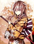  japanese_clothes katana kimono long_hair nosuku obi original ready_to_draw scabbard sengoku_taisen sheath sheathed solo sword tiger_print toragozen weapon yellow_eyes 