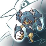  blue_hair cosplay face_mask female hair hair_ornament hitec human leg_lift leg_raised leg_up mask metang moemon personification pokemon pokemon_(game) pokemon_rse pokã©mon punching red_eyes short_twintails solo twintails 