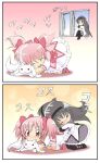  2girls 2koma akemi_homura black_hair comic hairband hug hug_from_behind kaname_madoka kneeling kyubey long_hair magical_girl mahou_shoujo_madoka_magica multiple_girls pantyhose pink_eyes pink_hair seminoyu short_hair silent_comic twintails window yuri 