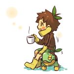  anger_vein blush_stickers boots brown_hair cosplay cup hair hitec human leaf male moemon mug open_mouth personification pokemon pokemon_(creature) pokemon_(game) pokemon_dppt shirt short_hair shorts sitting smile tears turtwig yellow_eyes 