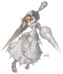  bow dress dual_wielding earrings hair_bow high_heels jewelry long_hair original polearm ponytail shoes simple_background solo spear weapon weltol white_dress yellow_eyes 
