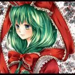  face frills front_ponytail green_eyes green_hair hair_bow hair_ribbon kagiyama_hina leaf ribbon rira_fuuka touhou 