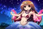  beads bikini breasts brown_eyes brown_hair circlet dancer earrings earth_ekami jewelry long_hair navel_piercing necklace night original outstretched_arms piercing sash see-through sky solo spread_arms star star_(sky) starry_sky swimsuit tattoo transparent 