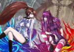  2girls absurdres adult akali alternate_costume animal_ears annie_hastur backpack bag bear blue_eyes breasts brown_hair cleavage deathklovc fire highres league_of_legends mask multiple_girls ponytail purple_hair red_eyes striped striped_legwear stuffed_animal stuffed_toy thigh-highs tibbers torn_clothes 