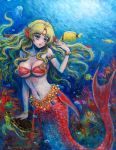  1girl bare_shoulders bikini_top blonde_hair blue_eyes bracelet breasts bubble circlet cleavage collarbone coral fish head_fins highres jellyfish jewelry large_breasts long_hair mermaid monster_girl necklace o-ring_top oil_painting_(medium) original pearl_necklace signature solo tafuto traditional_media turtle under_boob underboob underwater 