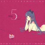  ant ass bangs black_hair blue_hair blunt_bangs blush body_blush bow bust cake calendar chin_rest flat_chest food fruit hair_bow hair_ribbon hairband long_hair looking_at_viewer looking_back lowres lying may may_(calendar) nude on_stomach original polka_dot profile purple_eyes red_background ribbon simple_background solo strawberry suzushiro_sayu very_long_hair 