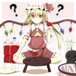  ? ascot blonde_hair confused cup drink flandre_scarlet hands hat highres holding indian_style looking_at_viewer plant red_eyes sanpei(artist) sanpei_(artist) side_ponytail sitting solo table touhou trashcan wine_glass wings 