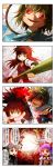  4koma akemi_homura akemi_homura_(cosplay) alternate_costume alternate_hairstyle battle blonde_hair blue_eyes close-up comic cosplay face fang fighting_stance foreshortening glowing glowing_eyes hair_ornament hairband highres hong_meiling izayoi_sakuya kaname_madoka kaname_madoka_(cosplay) laevatein mahou_shoujo_madoka_magica miki_sayaka miki_sayaka_(cosplay) multiple_girls no_hat no_headwear polearm red_eyes red_hair redhead remilia_scarlet ribbon sakura_kyouko sakura_kyouko_(cosplay) silver_hair spear tako tears touhou translated wavy_hair weapon wings 