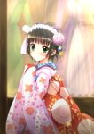  black_eyes blush floral_print flower green_eyes hair_ornament headdress highres ikoku_meiro_no_croisee japanese_clothes kimono short_hair smile swordsouls yune_(ikoku_meiro_no_croisee) 