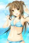  blush breasts brown_hair cloud collarbone long_hair navel ocean open_mouth original popsicle short_twintails sky smile solo striped striped_bikini striped_swimsuit sunbeam sunlight swimsuit tsukishiro_nanase twintails v water yellow_eyes 