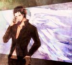  1boy angel_wings bad_id brown_hair cellphone el_shaddai lucifel_(el_shaddai) male phone short_hair solo unabara_misumi wings 