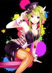  breasts cleavage corsage corset green_hair gumi hair_ornament hat hatsuko inkblot jewelry killer_lady_(vocaloid) mismatched_legwear nail_polish necklace pantyhose pendant red_eyes shorts solo striped striped_legwear vertical-striped_legwear vertical_stripes vocaloid 