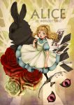  alice_in_wonderland blonde_hair blue_eyes card cards cheshire_cat dress falling_card flower hairband highres lichty open_mouth rose white_rabbit 