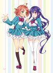  2girls ahoge artist_request black_legwear blush bow brown_hair dress footwear frills green_eyes hair_ornament hairpin highres holding_hands kayou_(artist) kneehighs long_hair multiple_girls original pink_eyes pink_hair purple_eyes purple_hair ribbon school_uniform shoes short_hair smile socks source_request star thigh-highs thighhighs white_legwear 