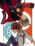  2boys aldnoah.zero blue_eyes brown_eyes brown_hair epaulettes gun holster jacket_on_shoulders jin_(rewind00) kaizuka_inaho male_focus multiple_boys necktie short_hair silver_hair slaine_troyard upside-down weapon 